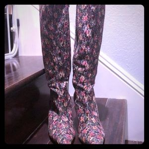 Floral knee high boots